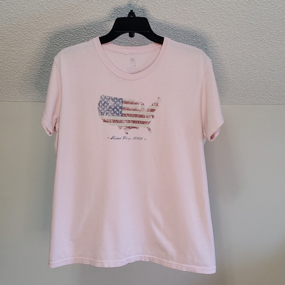 Faded Glory T Shirt Womens Large Pink USA Flag Map Graphic Tee 2008 Casual